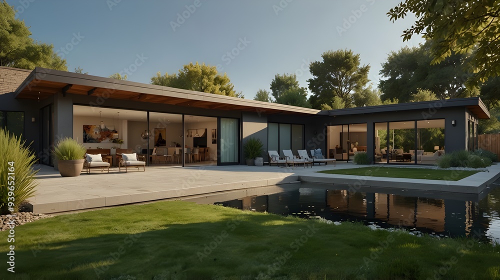 /visualize A spacious single-story modern ranch-style suburban home featuring big panoramic windows, a calm lawn featuring a koi pond and a bridge /visualize A spacious single-story modern ranch-style suburban home featuring big panoramic windows, a calm lawn featuring a koi pond and a bridge