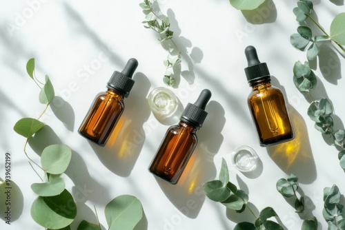 Amber glass dropper bottles are surrounded by green leaves. This peaceful and calming display emphasizes natural skincare. Ideal for beauty products and wellness. Generative AI