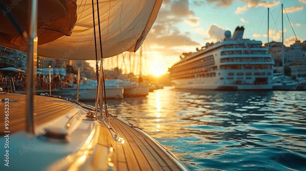 A picturesque sunset over the harbor, showcasing a sailboat and cruise ship in serene waters, perfect for travel and maritime themes. A picturesque sunset over the harbor, showcasing a sailboat and cruise ship in serene waters, perfect for travel and maritime themes.