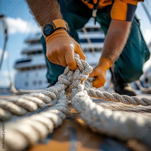 A mariner tying knots on a boat deck, showcasing skillful seamanship and attention to detail in a vibrant nautical setting.