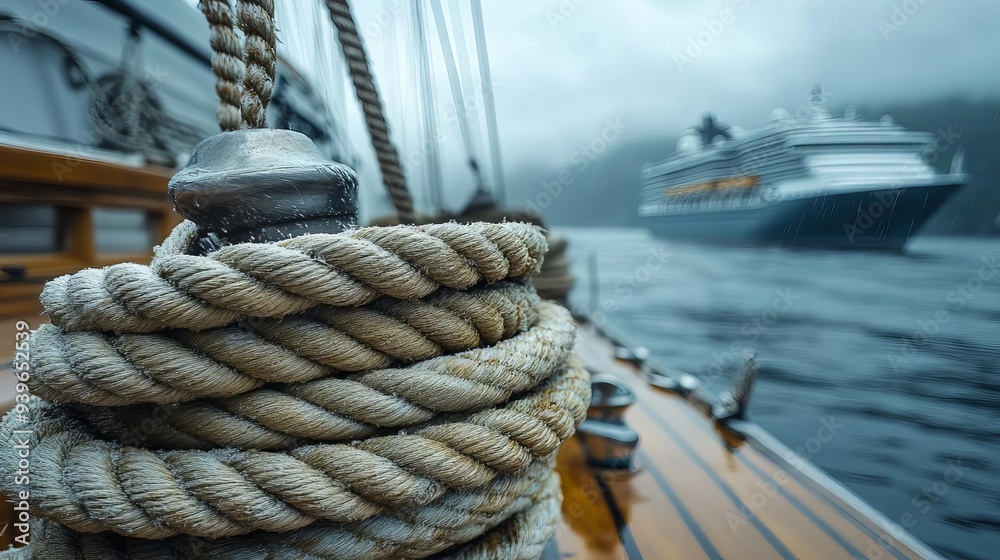 Obraz premium A close-up of a rope on a boat, with a cruise ship in the background, surrounded by serene water amid a misty atmosphere.