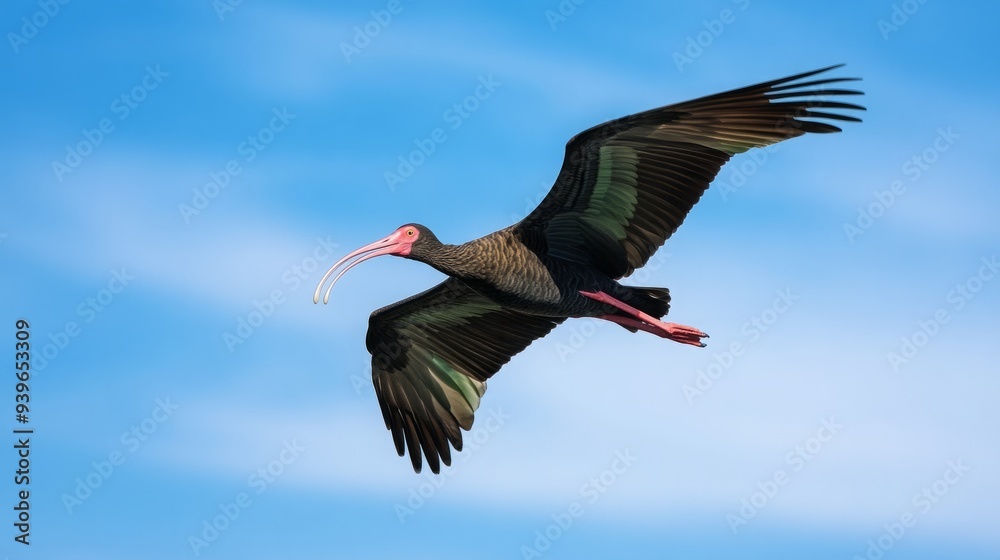 Naklejka premium Northern Bald Ibis in flight over coastal marsh, Distinctive bald head and long curved beak against clear blue sky, Symbol of avian grace, Emphasizing conservation of endangered birds