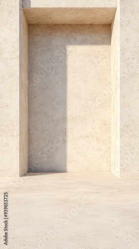 Minimalistic interior featuring a light concrete wall and floor, designed to evoke tranquility and modern aesthetics.