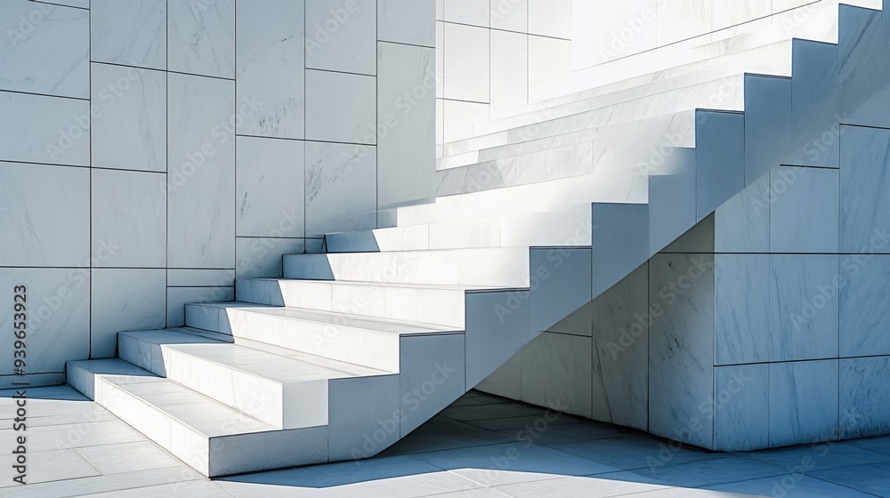 Exterior stairs provide access to the building entrance, featuring a stylish design with white and gray rectangular tiles. Exterior stairs provide access to the building entrance, featuring a stylish design with white and gray rectangular tiles.