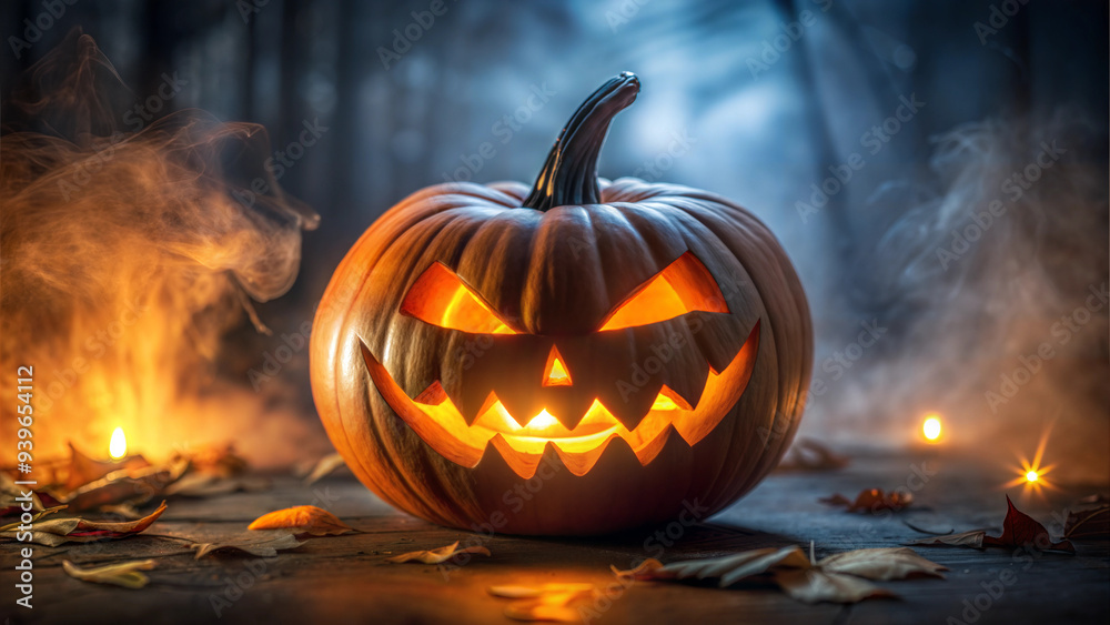 Fototapeta premium Detailed Jack-o'-Lantern with Glowing Eyes and Mouth, Low Light, Dark and Misty Background Creating Spooky Ambiance