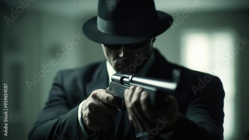 A mafia hitman assembling a rifle in a dimly lit room, photorealistic, hyper-resolution, meticulous preparation for an assassination photo