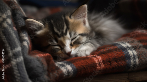 A kitten sleeping in a blanket. AI Generated photo