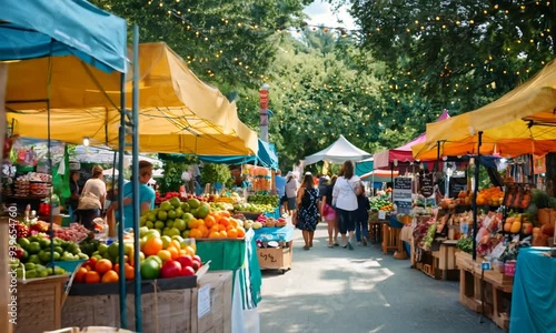 a farmers market with lots of fruit and vegetables