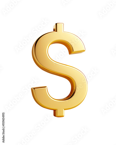 Golden dollar sign symbol isolated on white background, representing wealth, finance, and money. 3D rendering, high resolution.