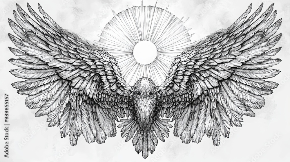 Obraz premium Intricate rendering of divine wings, blending the celestial and the infernal. An ethereal composition encompassing angelic feathers and a radiant halo, evoking both sacred purity