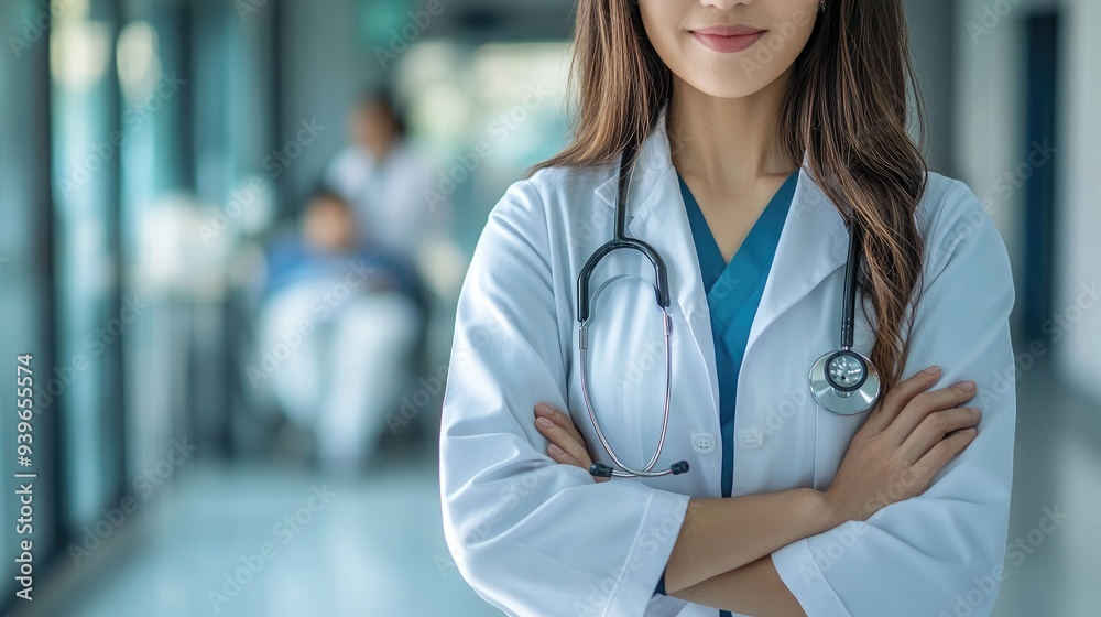 Confident Female Doctor with Stethoscope in Modern Hospital Hallway Confident Female Doctor with Stethoscope in Modern Hospital Hallway