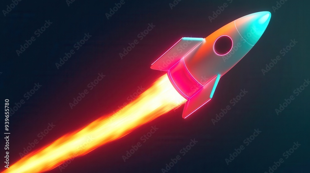 A glowing 3D rocket blasting off, with neon flames trailing behind, 3D glow, rocket, space A glowing 3D rocket blasting off, with neon flames trailing behind, 3D glow, rocket, space