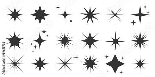 Sparkle star icons collection. Modern simple bling spark. Flash Flare Burst Magic shine Twinkle Glint Clean Effect. Black geometric stars shapes. Glitter symbol