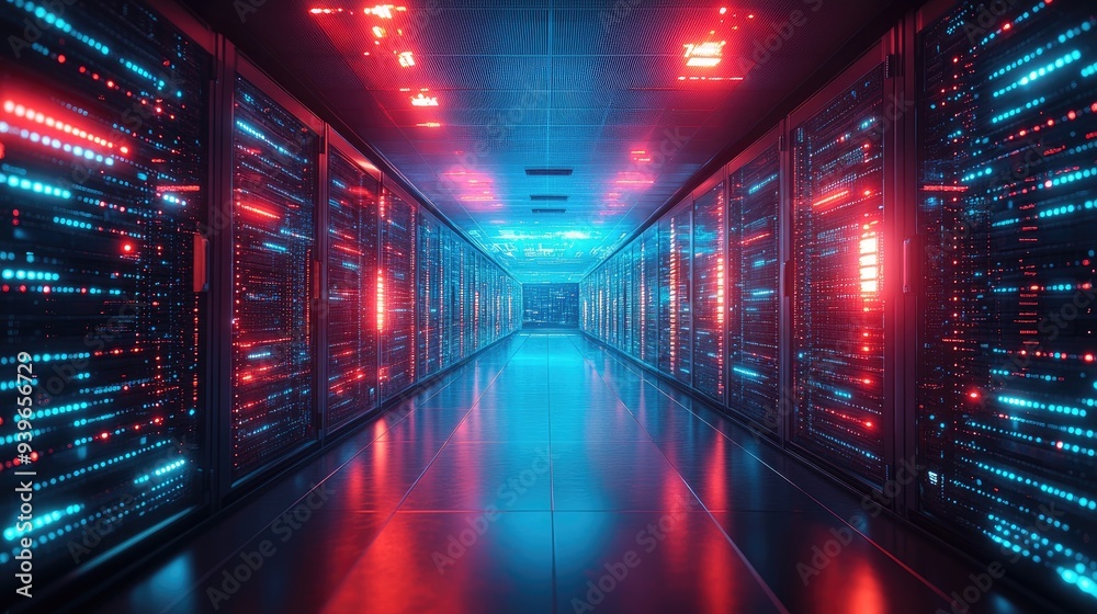 Futuristic Data Center Hallway with Glowing Servers and Neon Lights