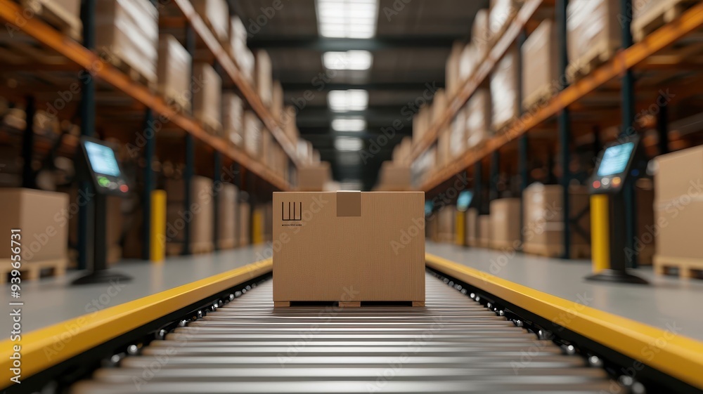 Fototapeta premium Conveyor belts moving goods through a warehouse while scanners track inventory, photorealistic, hyper-resolution, efficient supply chain management