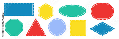 Set of colorful scalloped frames. Geometric playful shapes stickers with wavy curvy edge for kids. Tag Label Stamp Box element. Rectangle Oval Square Triangle rhombus Border for Design