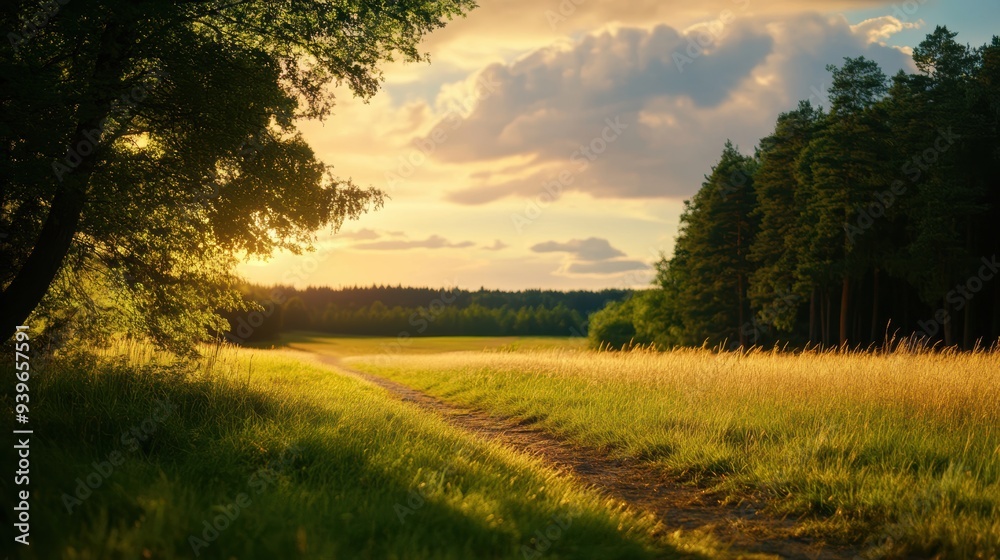 A scenic countryside path at sunset, surrounded by lush green fields and trees, evoking a sense of tranquility and natural beauty. A scenic countryside path at sunset, surrounded by lush green fields and trees, evoking a sense of tranquility and natural beauty.