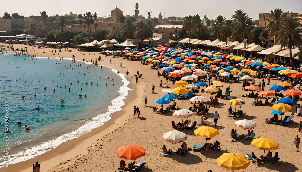 Plage bondée avec parasols colorés et vue sur la ville Plage bondée avec parasols colorés et vue sur la ville