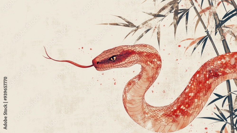 Obraz premium Red Serpent Illustration with Bamboo Background - Traditional Chinese Art Style