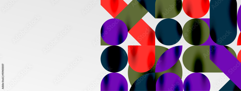 Mosaic geometric elements. Colorful circles, round geometric shapes and lines with shadow 3d effects. Simple forms abstract background for wallpaper, banner, template or landing Mosaic geometric elements. Colorful circles, round geometric shapes and lines with shadow 3d effects. Simple forms abstract background for wallpaper, banner, template or landing