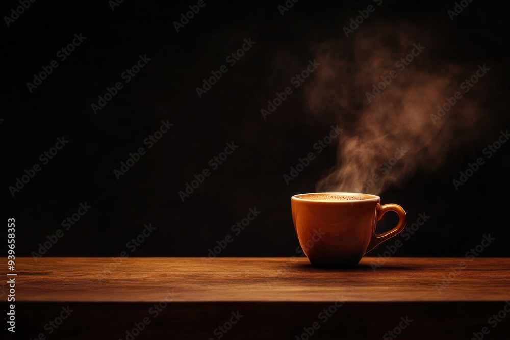 A steamy cup of hot coffee on a wooden table against a dark background, creating a warm and inviting atmosphere. A steamy cup of hot coffee on a wooden table against a dark background, creating a warm and inviting atmosphere.