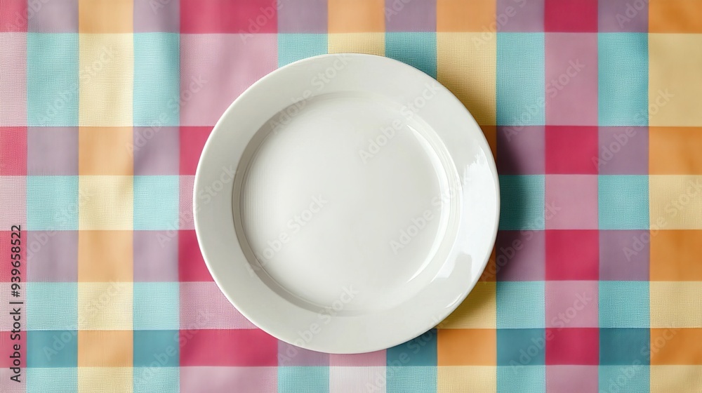 Round white plate on a colorful tablecloth. Empty dish with space for your design. Round white plate on a colorful tablecloth. Empty dish with space for your design.