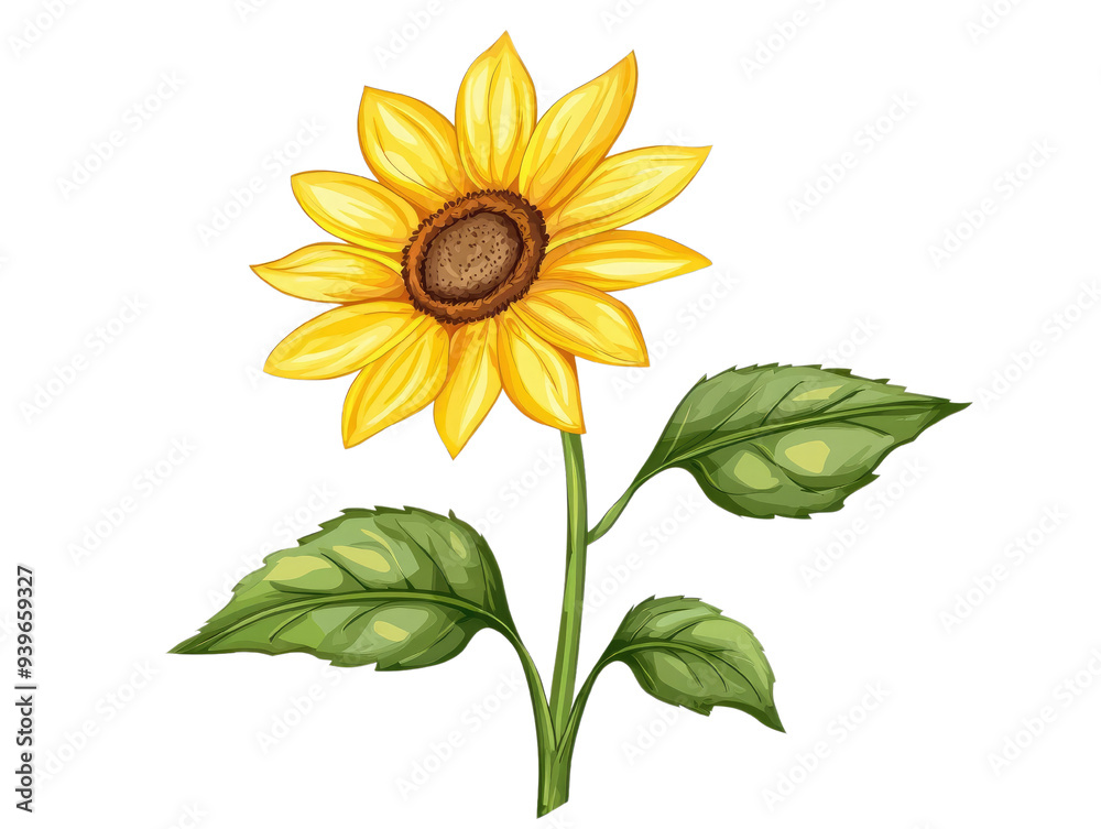 Fototapeta premium A vibrant sunflower with bright yellow petals and lush green leaves, perfect for adding a touch of nature's beauty.