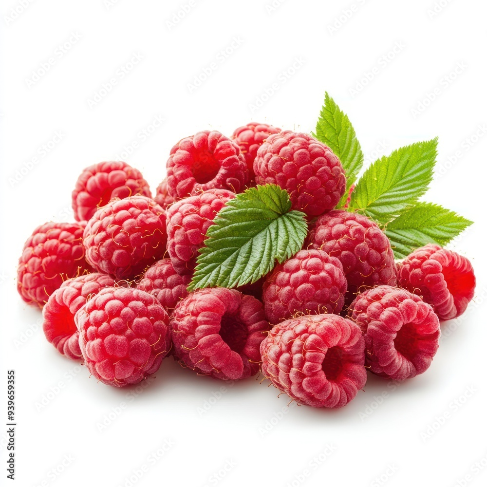A Bunch of Fresh Raspberries with Green Leaves