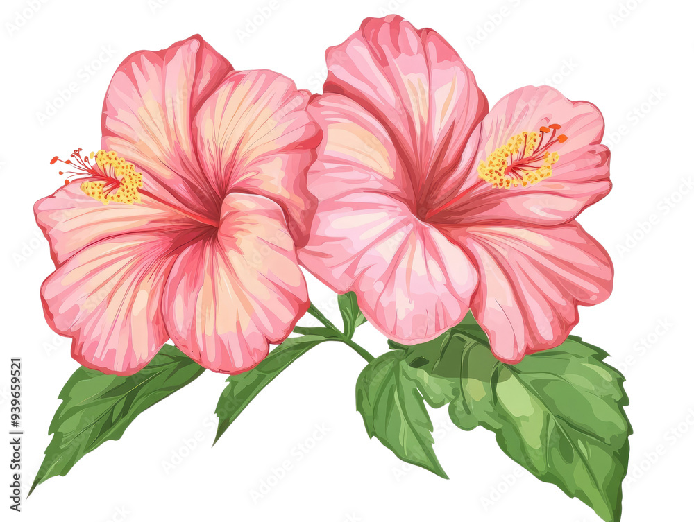 Beautiful pink hibiscus flowers with vibrant petals and lush green leaves, perfect for tropical-themed designs and decorations. Beautiful pink hibiscus flowers with vibrant petals and lush green leaves, perfect for tropical-themed designs and decorations.