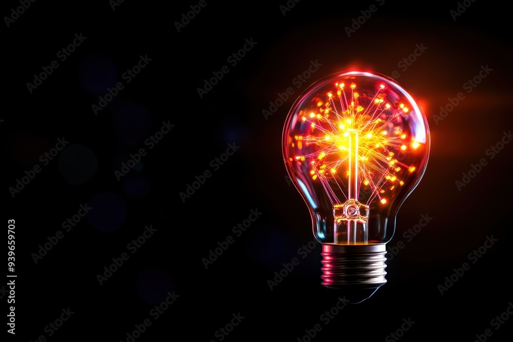 A vibrant, glowing light bulb against a dark background with orange fireworks inside, symbolizing creativity and innovation. A vibrant, glowing light bulb against a dark background with orange fireworks inside, symbolizing creativity and innovation.