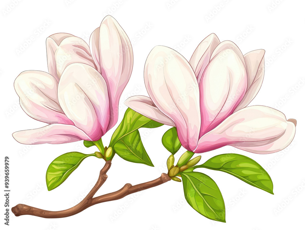 Elegant pink magnolia flowers bloom on a sturdy branch, showcasing nature's beauty and delicate floral design in spring. Elegant pink magnolia flowers bloom on a sturdy branch, showcasing nature's beauty and delicate floral design in spring.