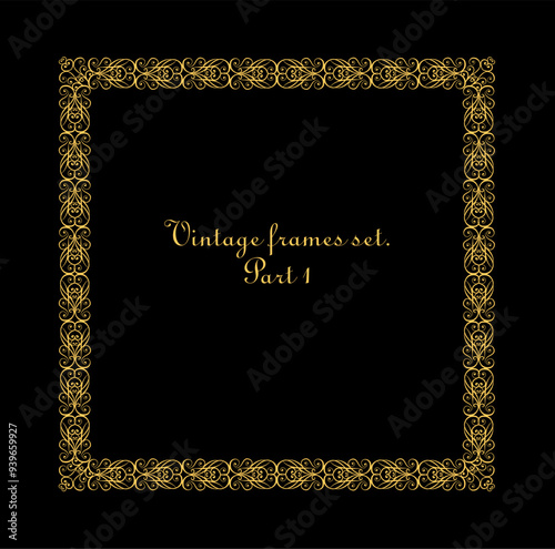 Vintage gold curled frame for wedding invitations, headers, signboard framed certificate template, vignette, border, diploma on black background. Modern interpretation of Islamic motifs. Part 1.eps