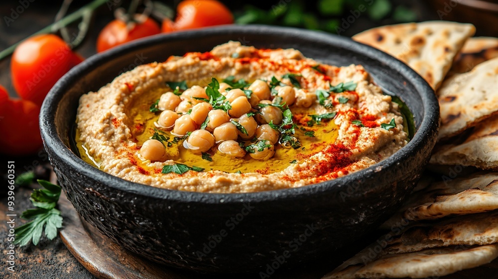 A bowl of hummus, garnished with parsley and cilantro A bowl of hummus, garnished with parsley and cilantro