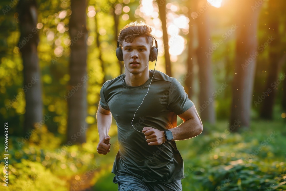 Man Jogging in the Forest at Sunrise Man Jogging in the Forest at Sunrise