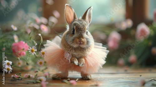 Ballet-Ready Bunny: Cheerful Rabbit in Tutu and Ballet Slippers Striking a Pose