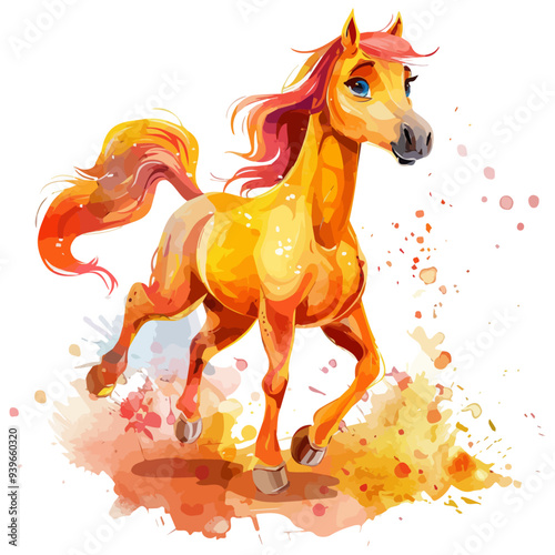 Watercolor vector of a cartoon stallion, isolated on a white background, stallion animation