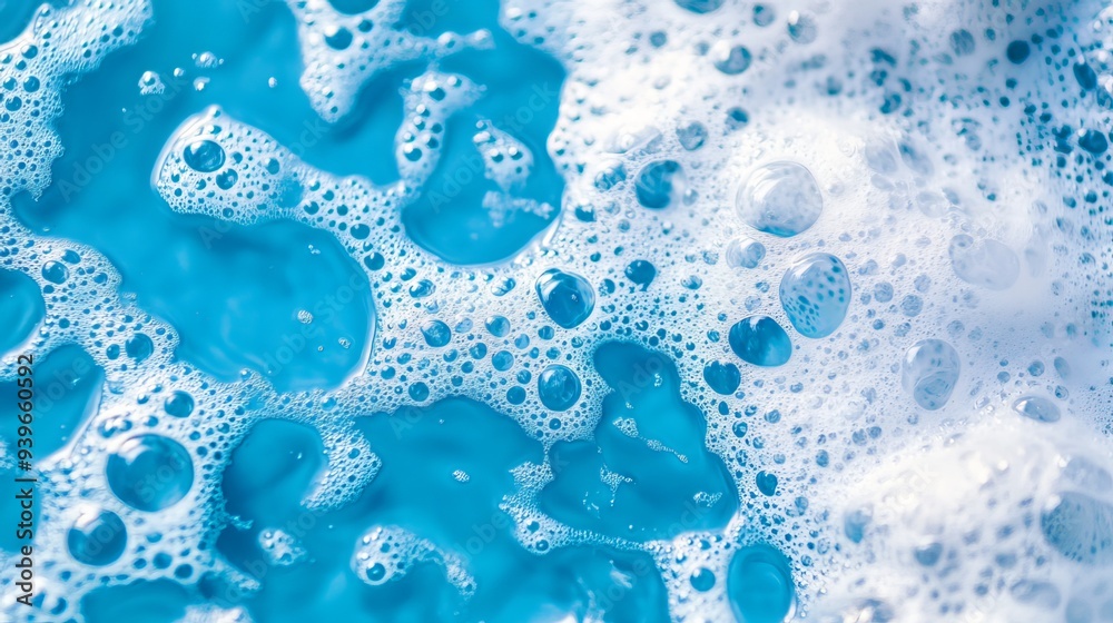 Suds of detergent foam bubble floating on a vibrant blue water surface, creating an abstract and visually appealing composition. Suds of detergent foam bubble floating on a vibrant blue water surface, creating an abstract and visually appealing composition.