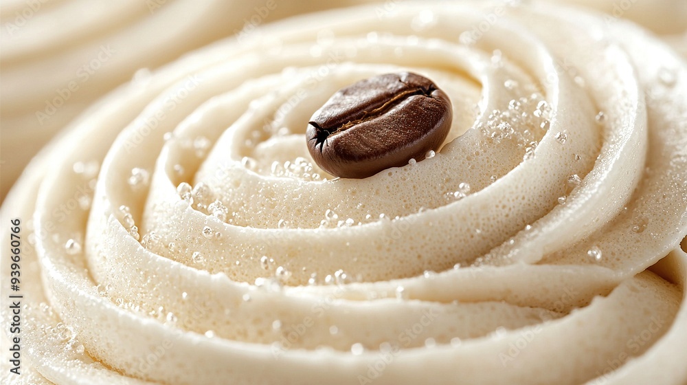 A magnified photo of a cupcake with white cream and a coffee bean placed on it A magnified photo of a cupcake with white cream and a coffee bean placed on it