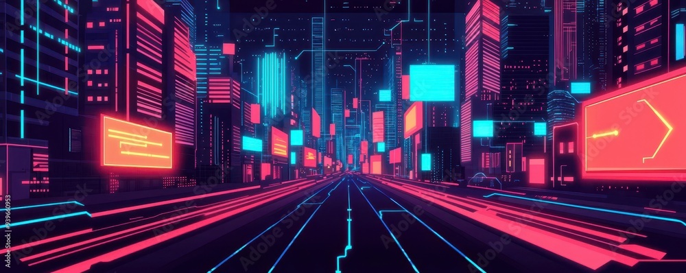 A cyberpunk-style city with glowing neon signs and complex telecommunication grids weaving through buildings, digital illustration, futuristic city communication A cyberpunk-style city with glowing neon signs and complex telecommunication grids weaving through buildings, digital illustration, futuristic city communication