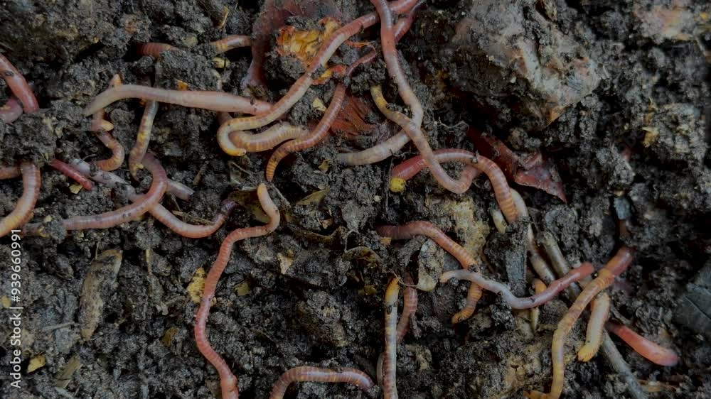 Earthworms in fresh compost. Vermicomposting, permaculture gardening concept Earthworms in fresh compost. Vermicomposting, permaculture gardening concept