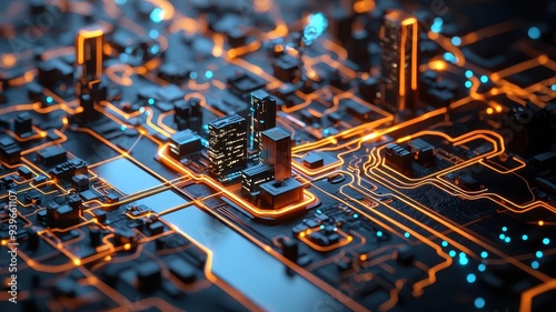 Digital map of a city showing real-time telecommunication traffic with glowing lines and nodes, digital illustration, urban data flow