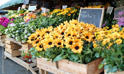 a wooden box filled with lots of yellow and purple flowers