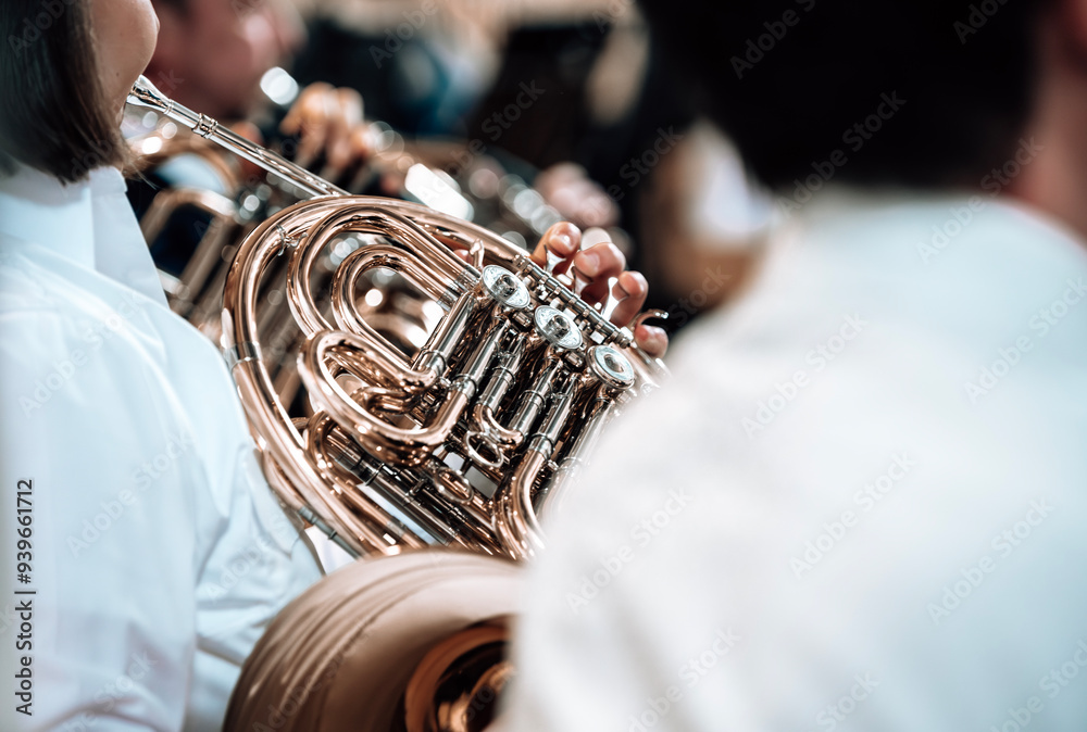 Fototapeta premium Close-up of a brass musician playing the French horn as a member of a band at a concert