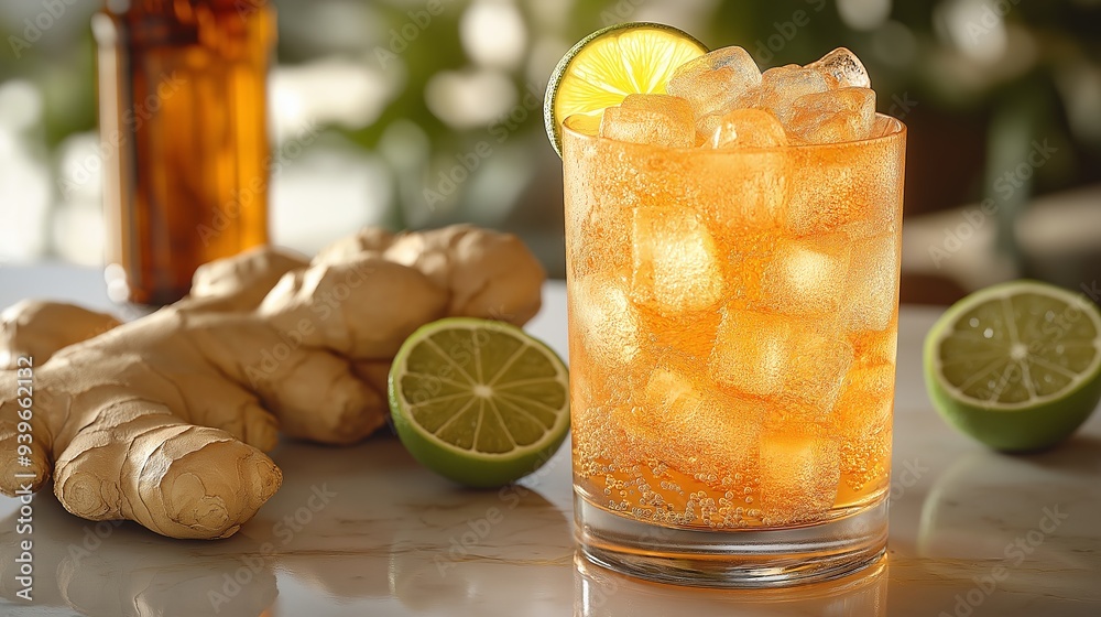 Tall Glass of Ginger Beer with Ice Cubes and Lime Wedge on a Marble Countertop, Accompanied by Fresh Ginger Slices and a Ginger Beer Bottle, Soft Natural Light Highlighting the Drink’s Effervescence Tall Glass of Ginger Beer with Ice Cubes and Lime Wedge on a Marble Countertop, Accompanied by Fresh Ginger Slices and a Ginger Beer Bottle, Soft Natural Light Highlighting the Drink’s Effervescence