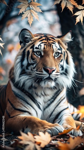 Beautiful fluffy tigress relaxing in autumn foliage with vibrant leaves around. Generative AI photo