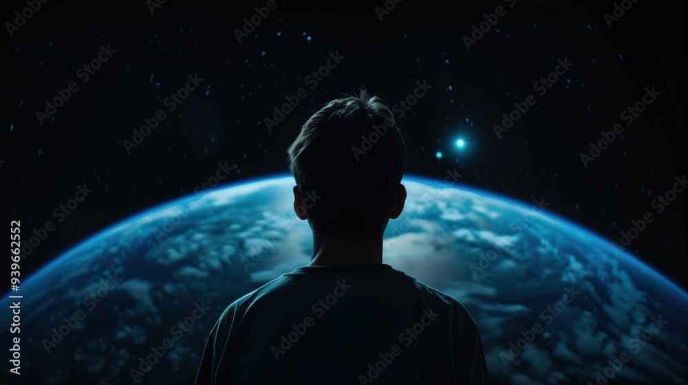 A young boy stands with his back turned, captivated by a breathtaking view of Earth from space, surrounded by shimmering stars and cosmic wonders A young boy stands with his back turned, captivated by a breathtaking view of Earth from space, surrounded by shimmering stars and cosmic wonders