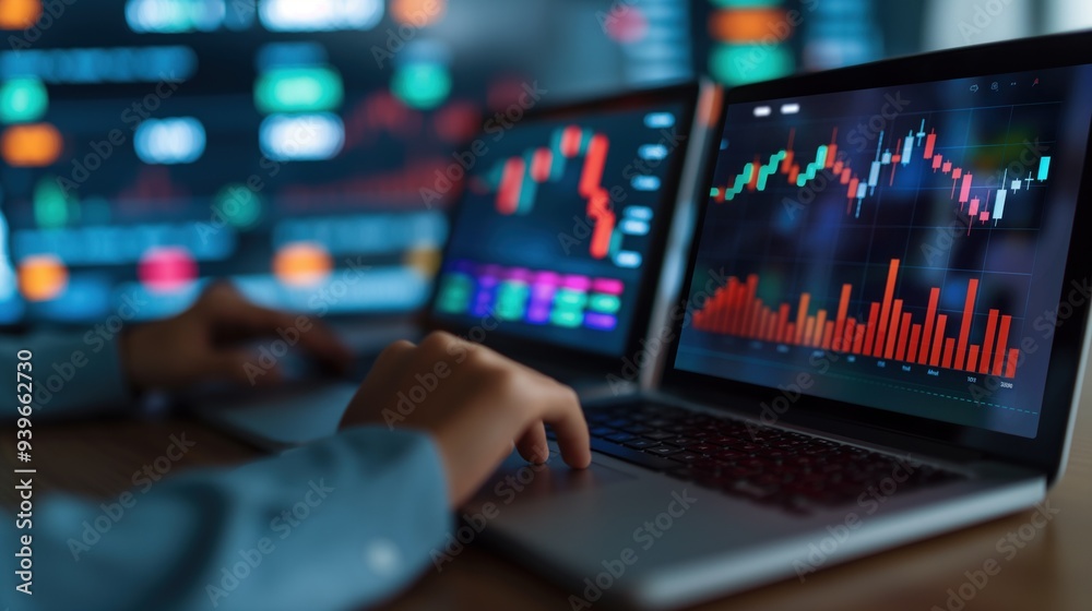 A person is focused on analyzing stock market data using two laptops, with colorful graphs and charts displayed on screens in a dimly lit room A person is focused on analyzing stock market data using two laptops, with colorful graphs and charts displayed on screens in a dimly lit room