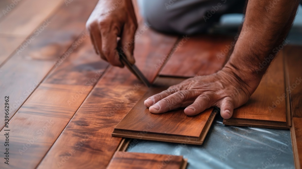 Flooring expert installing hardwood floors, measuring and cutting planks, and securing them in place to enhance the homes aesthetic and value Flooring expert installing hardwood floors, measuring and cutting planks, and securing them in place to enhance the homes aesthetic and value