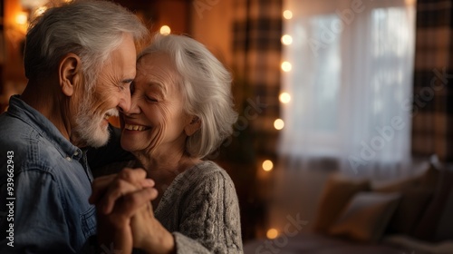 Elderly couple dancing in their living room, smiles on their faces, music playing softly, sense of love and lifelong partnership, cozy and warm home setting, timeless romance