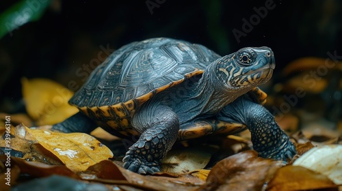 4K Realistic Mata mata turtle ambushing fish, camouflaged in leaf litter,